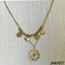 Load image into Gallery viewer, Double layer necklace with gold beads and turquoise sun ray pendant - JNK1017