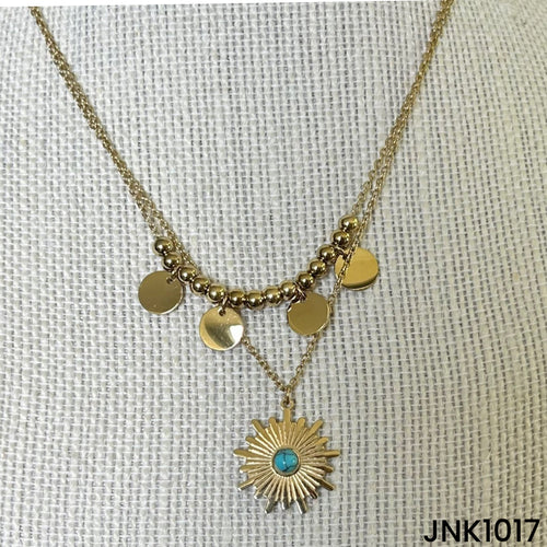 Double layer necklace with gold beads and turquoise sun ray pendant - JNK1017