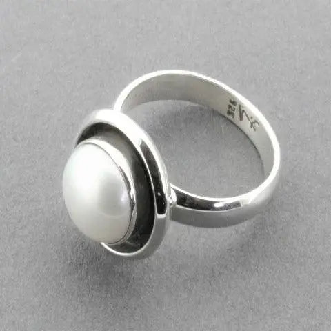 Double Bezel Silver Ring with 10mm Pearl SIZE 7