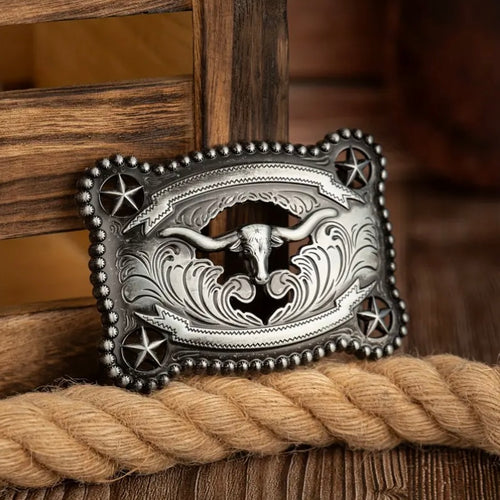 Vintage Western Bull Head Belt Buckle - Antique Silver