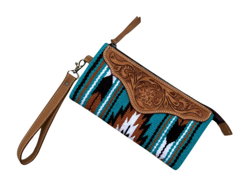 Turq Saddle Blanket Clutch with Tan Tooling Details