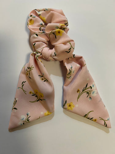Pink & Yellow Floral Ribbon Scrunchie