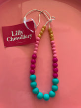 Load image into Gallery viewer, Lilly Chewellery Teething Necklace - Long Pink, Teal &amp; Gold