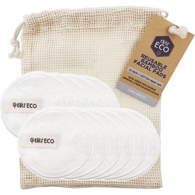 EVER ECO Reusable Bamboo Facial Pads  White With Cotton Wash Bag 10