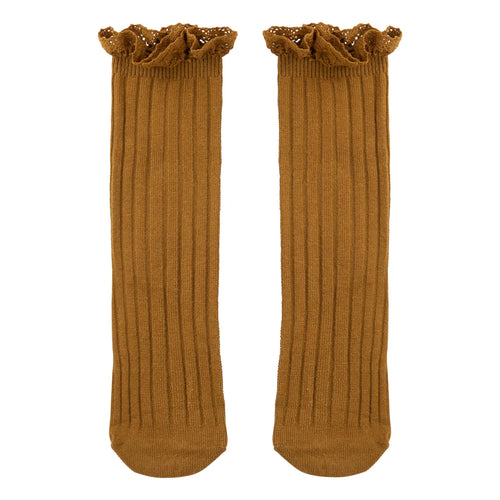 FRILLY RIBBED LONG SOCKS - MUSTARD
