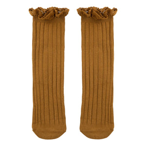 FRILLY RIBBED LONG SOCKS - MUSTARD