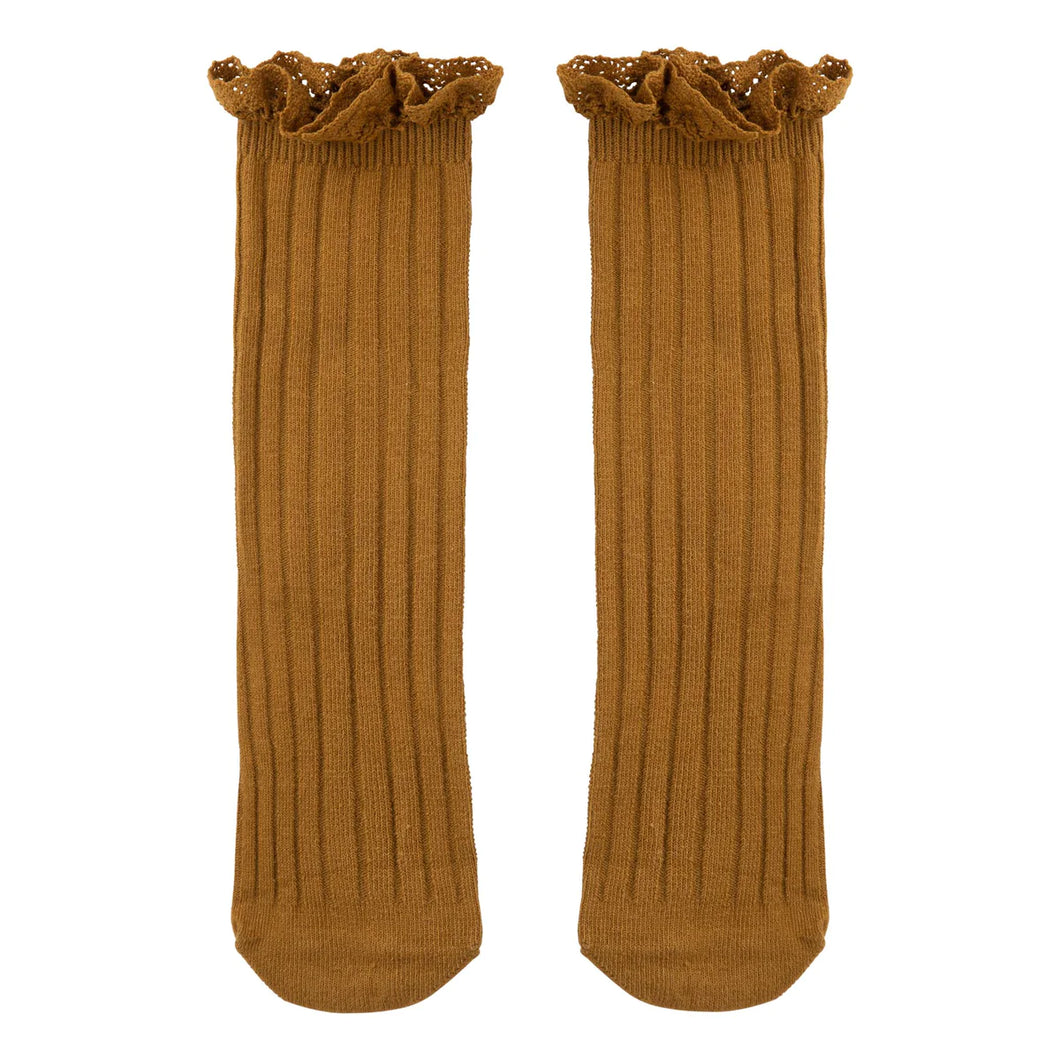 FRILLY RIBBED LONG SOCKS - MUSTARD