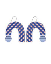 Load image into Gallery viewer, INDIGO STRIPED GINGHAM BIG RAINBOW ARCH DROP EARRINGS