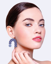 Load image into Gallery viewer, INDIGO STRIPED GINGHAM BIG RAINBOW ARCH DROP EARRINGS
