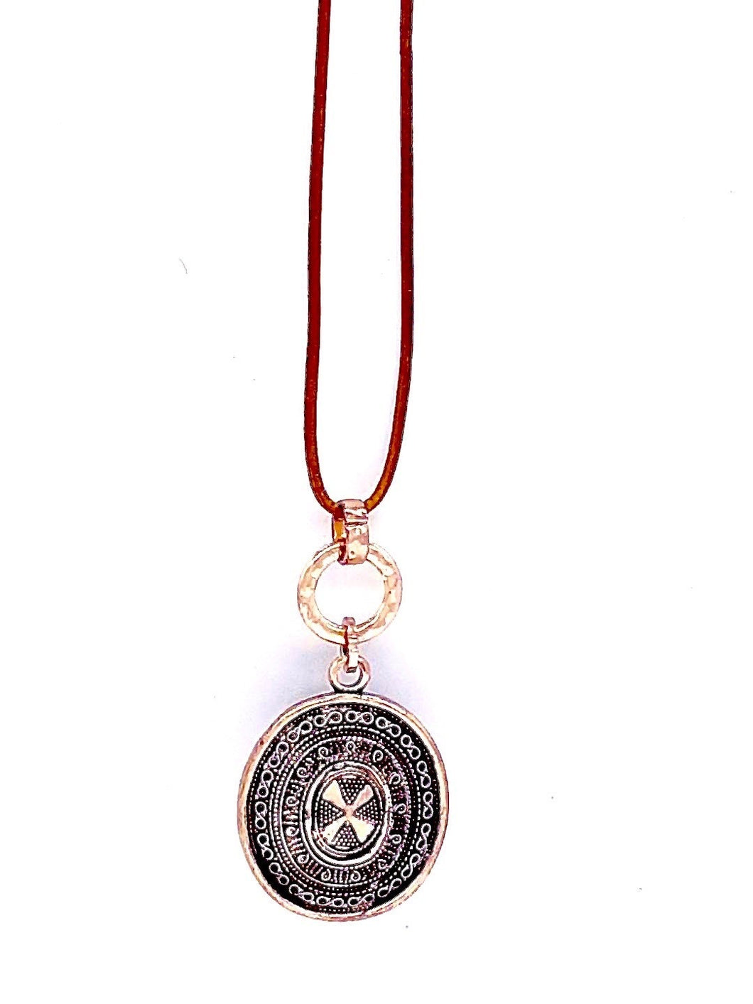 LONG COPPER / ROSE GOLD PENDANT WITH LEATHER NECKLACE