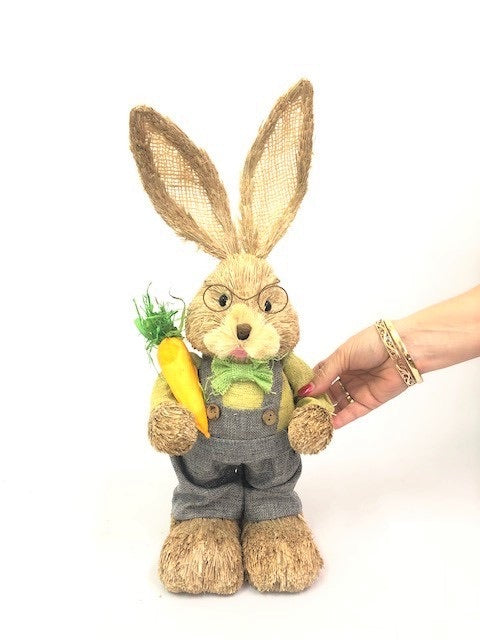 45cm BRISTLESTRAW RABBIT EASTER BUNNY WITH OVERALLS AND CARROT GREEN MALE