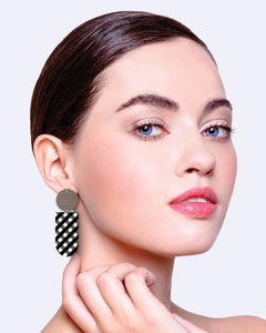 MOE MOE - EBONY STRIPED GINGHAM ASYMMETRICAL TAB STUD EARRINGS