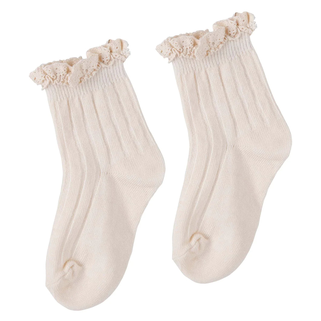 LACE FRILL CREW SOCKS - BEIGE